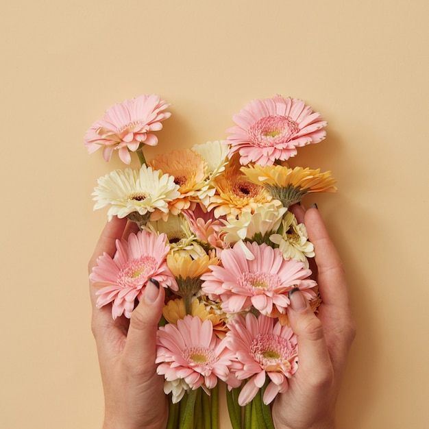 Un hermoso ramo de gerbera que la niña sostiene en las manos sobre un fondo de papel amarillo