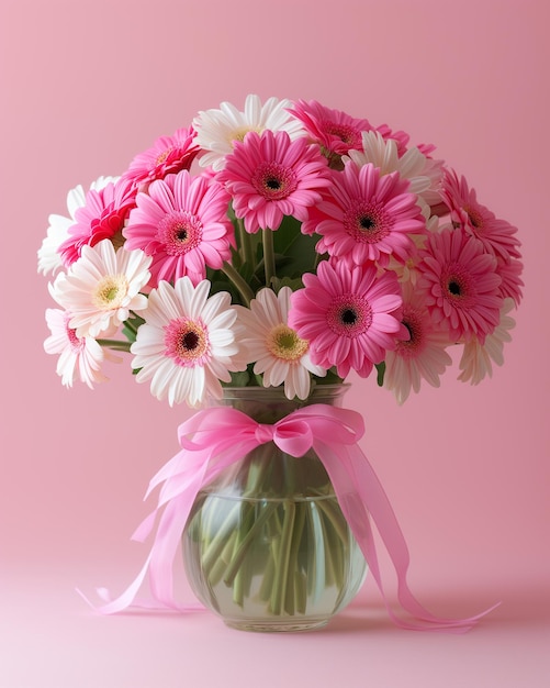 Hermoso ramo de gerberas rosas y blancas en un jarrón de vidrio con cinta rosada