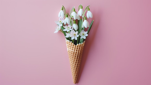 Un hermoso ramo de gotas de nieve en un cono de waffle sobre un fondo rosado