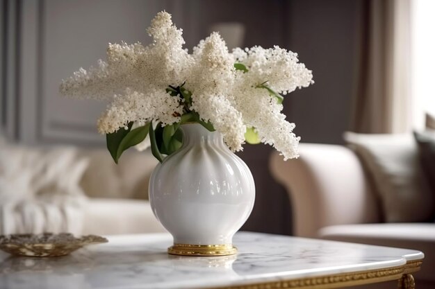 Un hermoso ramo de lilas blancas en un jarrón Decoración de sala Generado AI