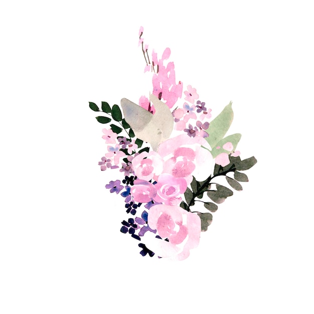 Hermoso ramo de novia de acuarela con flores de color púrpura Ilustración