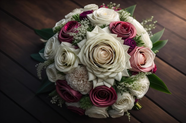 Hermoso ramo de novia de diferentes flores en un fondo oscuro ai generativo