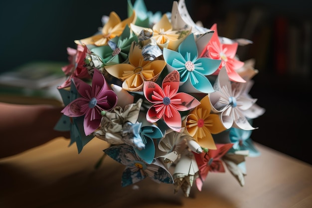 Hermoso ramo de novia hecho de flores de papel de origami creado con ai generativo