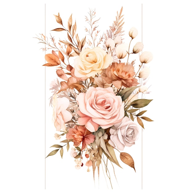 Hermoso ramo de otoño en acuarela Boho Ramo floral dibujado a mano sobre fondo blanco