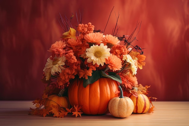 Hermoso ramo de otoño en calabaza sobre fondo de color IA generativa