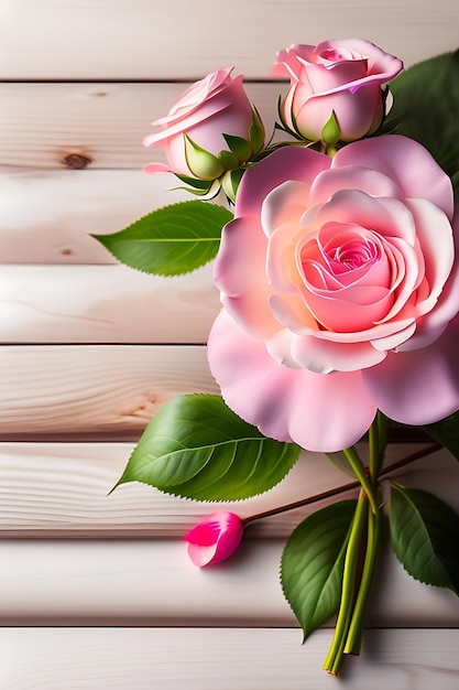 Hermoso ramo redondo de rosas rosadas sobre un fondo de madera blanca