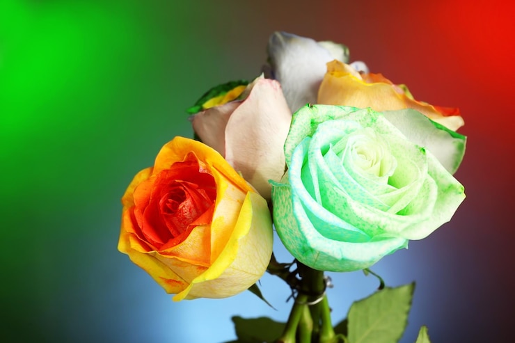 Foto hermoso ramo de rosas pintadas sobre fondo de colores de cerca