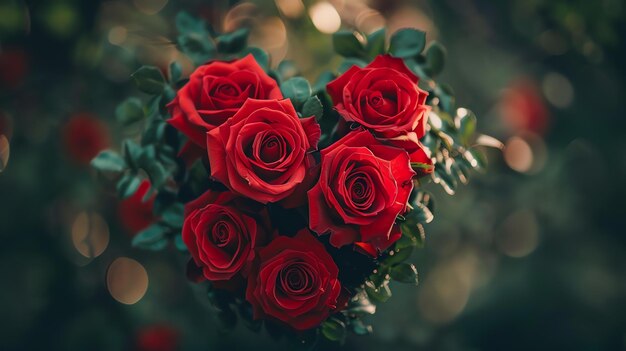 Un hermoso ramo de rosas rojas con hojas verdes Las rosas están en plena floración y tienen una textura aterciopelada