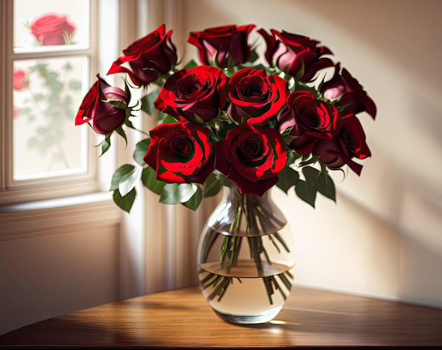 hermoso ramo de rosas rojas en un jarrón sobre un fondo negro