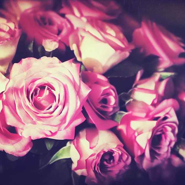 Hermoso ramo de rosas rosas flores en un fondo oscuro filtro vintage suave y romántico que parece una vieja pintura