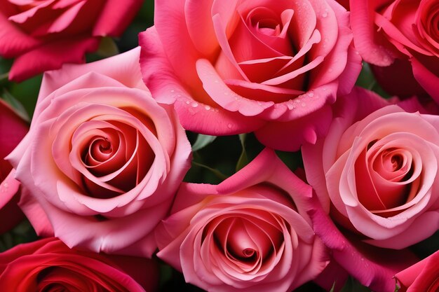 Hermoso ramo de rosas rosas con gotas de lluvia brillando en los pétalos en la suave luz de la mañana
