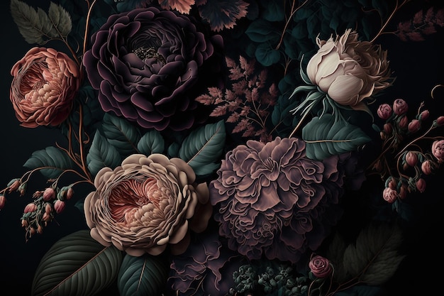 Foto hermoso ramo de rosas sobre un fondo oscuro