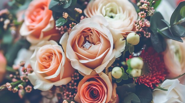 Un hermoso ramo de rosas en varios tonos de rosa y crema con un anillo de diamantes en el centro perfecto para una boda o ocasión especial