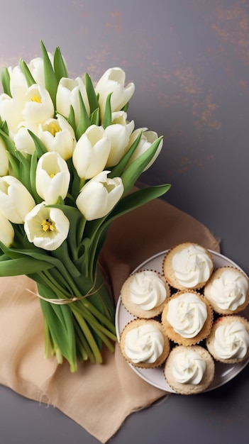 hermoso ramo de tulipanes blancos y pastel de bento vista de arriba
