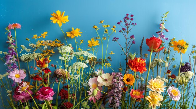 Un hermoso ramo de varias flores en plena floración contra un sólido fondo azul