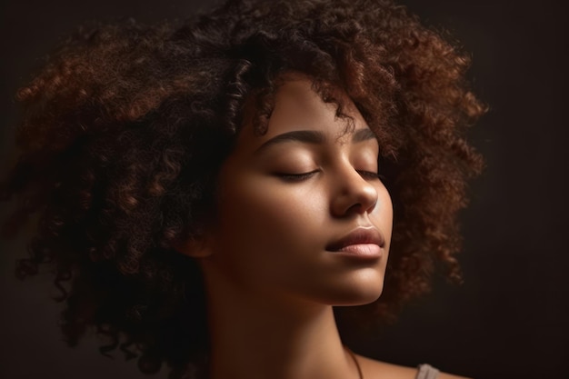 Hermoso y realista retrato de una mujer joven de dos razas serena con cabello afro negro rizado y ojos cerrados con la cabeza hacia atrás