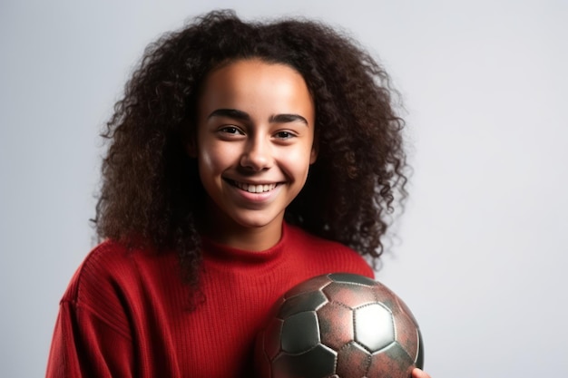 Hermoso y realista retrato de una mujer joven sonriendo con la camiseta roja de su equipo de su país favorito, Marruecos, sosteniendo una pelota de fútbol sobre un fondo blanco