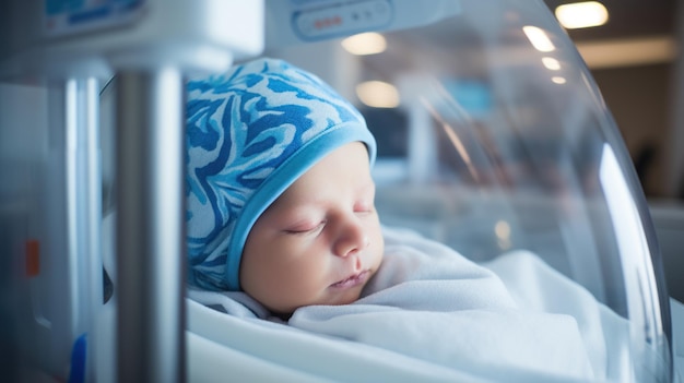 Foto un hermoso recién nacido en una incubadora en la intensiva neonatal del hospital.