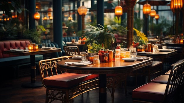 un hermoso restaurante con mesa agradable fondo colorido decerating