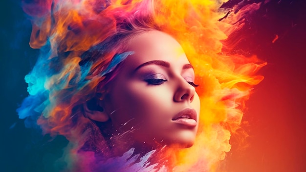 hermoso retrato abstracto de fantasía de una hermosa mujer doble exposición con una salpicadura de pintura digital colorida o nebulosa espacial IA generativa