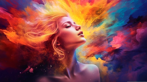hermoso retrato abstracto de fantasía de una hermosa mujer doble exposición con una salpicadura de pintura digital colorida o nebulosa espacial IA generativa