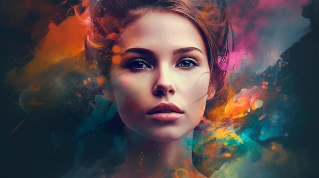 Hermoso retrato abstracto de fantasía de una mujer hermosa doble exposición con una salpicadura de pintura digital colorida o una IA generativa de nebulosa espacial