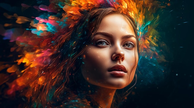 Hermoso retrato abstracto de fantasía de una mujer hermosa doble exposición con una salpicadura de pintura digital colorida o una IA generativa de nebulosa espacial