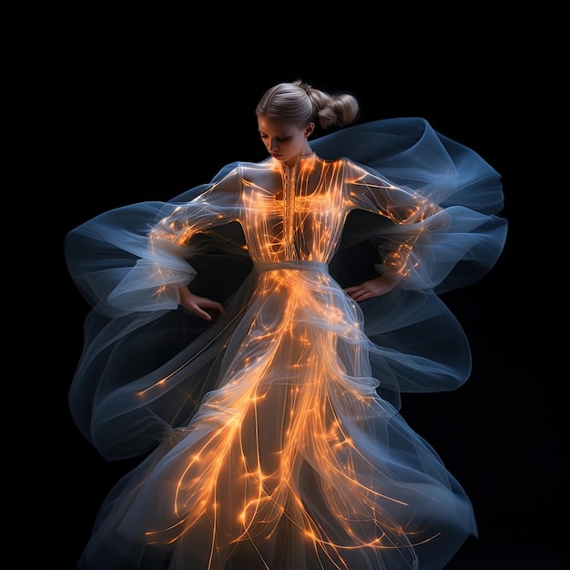 Foto un hermoso retrato artístico de una mujer con un traje de silicona led translúcido.