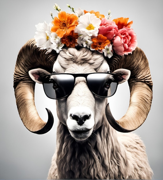 Hermoso retrato de carnero fresco con gafas de sol y flores en la cabeza