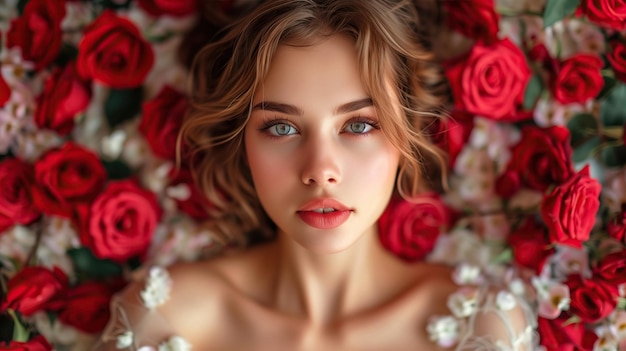 hermoso retrato chica atractiva con ojos bonitos con flores rosas alrededor