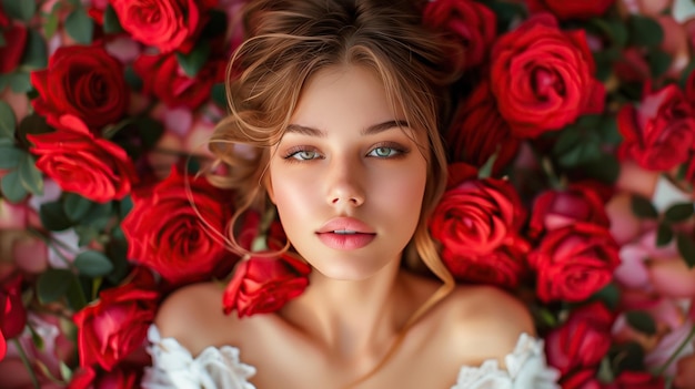 hermoso retrato chica atractiva con ojos bonitos con flores rosas alrededor