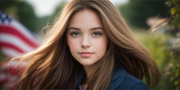 Un hermoso retrato de una chica estadounidense en un fondo borroso de la naturaleza