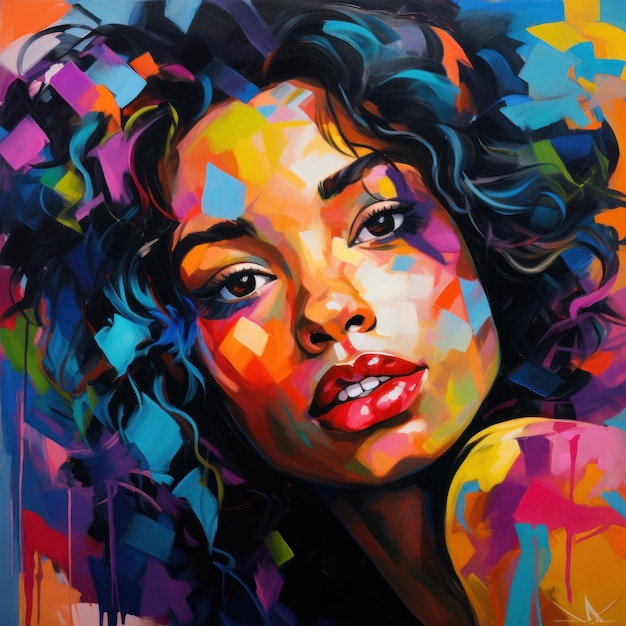 Hermoso retrato colorido de mujer negra al estilo de la pintura al óleo abstracta moderna