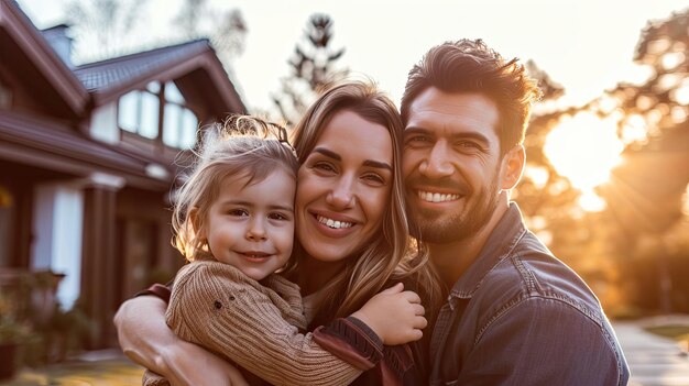 Hermoso retrato familiar sonriendo afuera de su nueva casa con puesta de sol