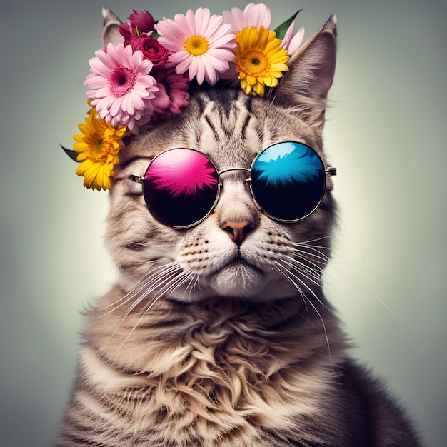 Hermoso retrato de gato genial con gafas de sol y flores en la cabeza