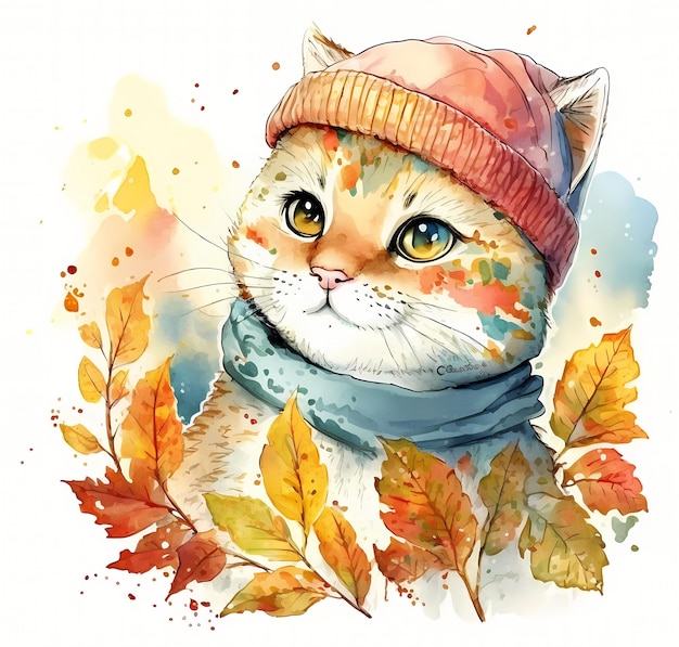 Hermoso retrato de gato rodeado de hojas de otoño Acuarela Clipart