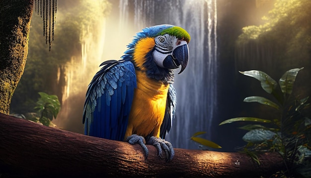 Hermoso retrato de un guacamayo en un bosque con rayos de sol mágicos en el fondo ai generativo