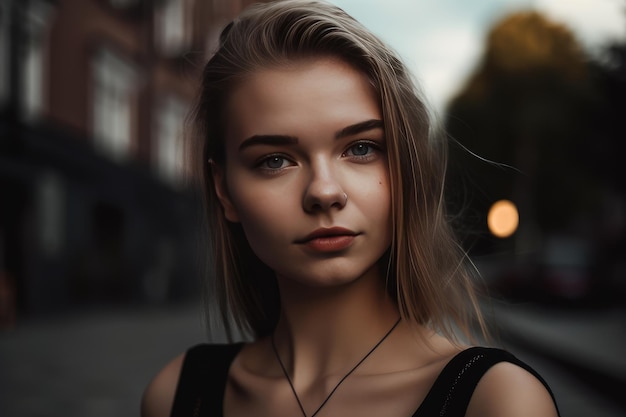 Un hermoso retrato de joven empresaria al aire libre y una mujer mirando a la cámara