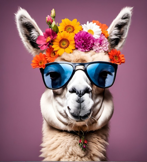 Hermoso retrato de lama genial con gafas de sol y flores en la cabeza