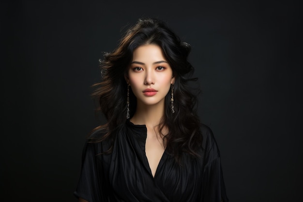 Hermoso retrato de modelo asiático con cabello rizado