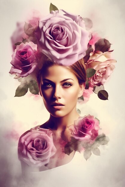 Hermoso retrato de mujer con corona de rosas creado con tecnología de IA generativa