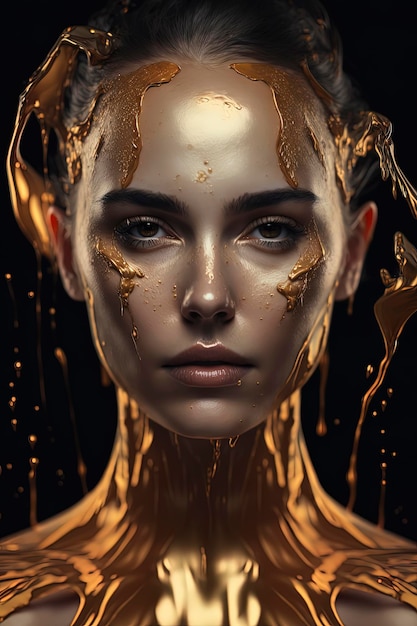 Un hermoso retrato de una mujer cubierta con goteo de oro líquido Generado por IA