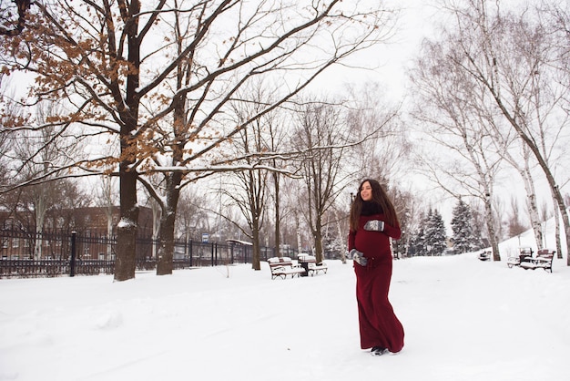 Un hermoso retrato de mujer embarazada al aire libre en la naturaleza nevada