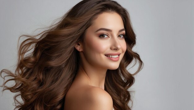 Un hermoso retrato de una mujer joven sonriente para anuncios de cuidado de la piel, productos para el tratamiento del cabello o cuidado dental