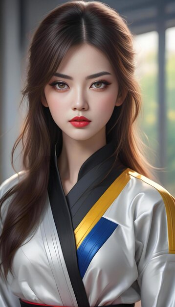 Hermoso retrato de mujer de kimono japonés en el estudio