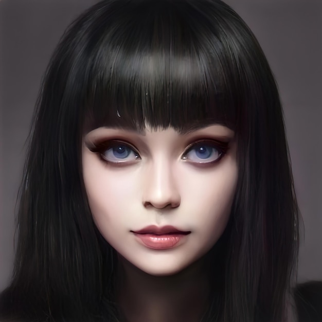 Hermoso retrato mujer morena pelo negro. Belleza chica de pelo teñido de negro. Primer plano de la cara, hermoso maquillaje. Ilustración