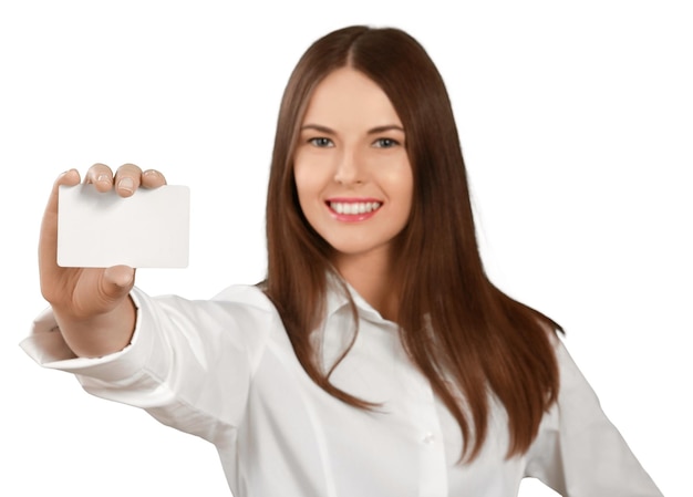 Foto hermoso retrato de mujer de negocios con tarjeta, aislado.