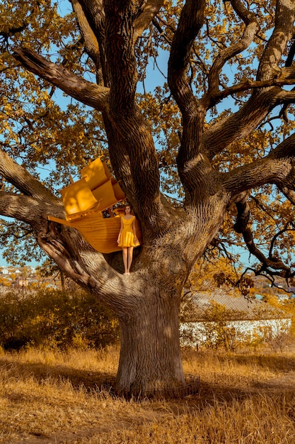 Hermoso retrato de mujer pelirroja con libro y barco cerca de roble en otoño