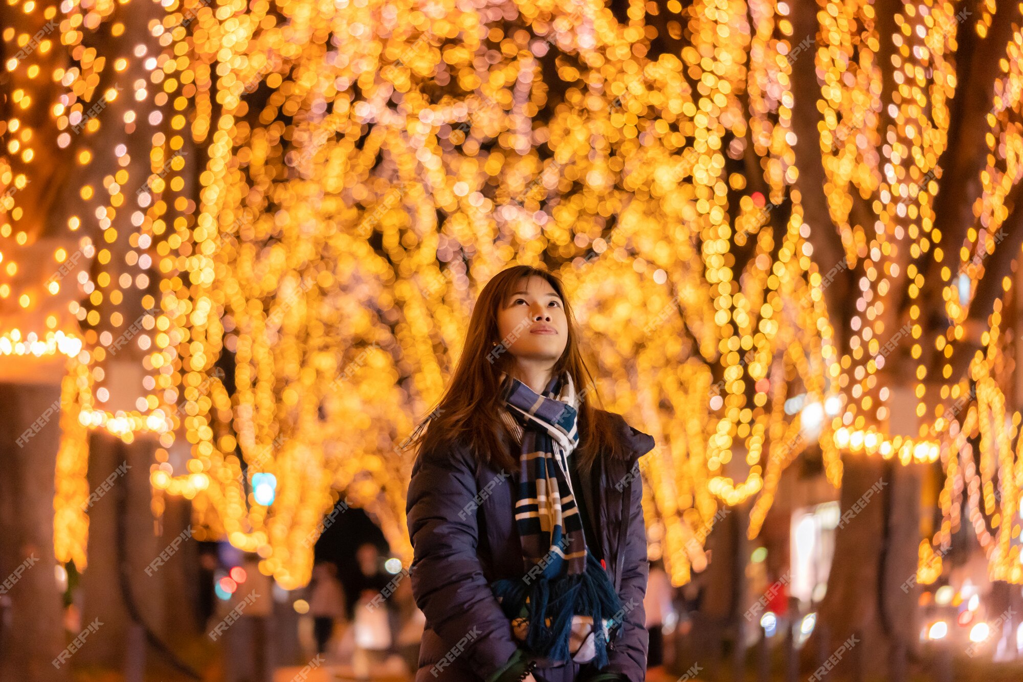 Hermoso de mujer en de por la noche en el festival de luz de navidad jozenji en sendai, japón | Premium