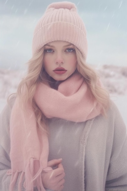 Hermoso retrato de niña con suéter y bufanda de invierno cálido y acogedor